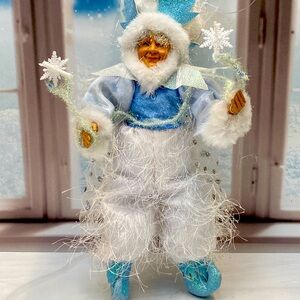 VTG Winter Fairy Ornament 11” Snow Elf Blue White Christmas Tree Decoration.